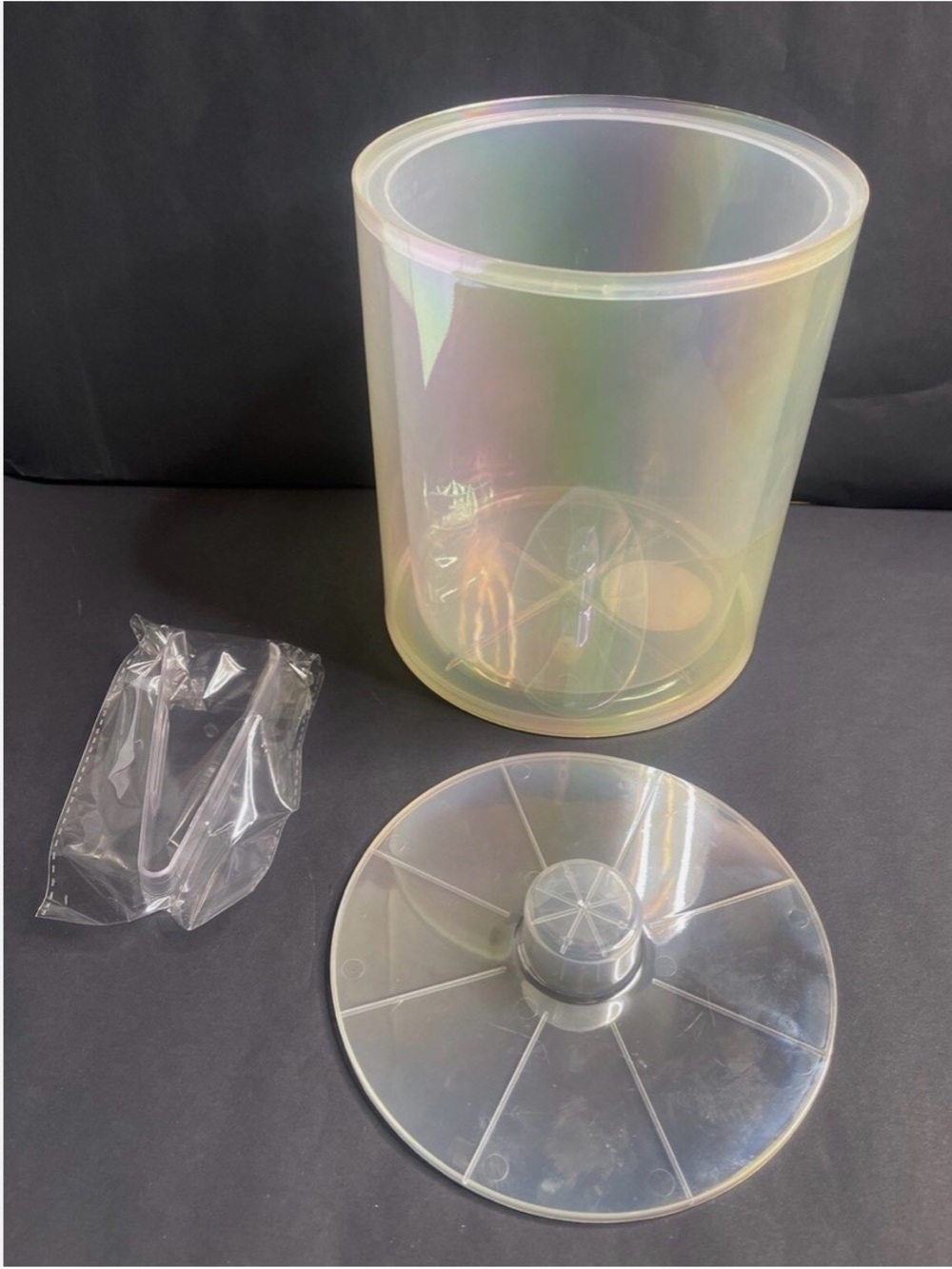 iridescent acrylic ice bucket set, which includes a matching lid and clear tongs